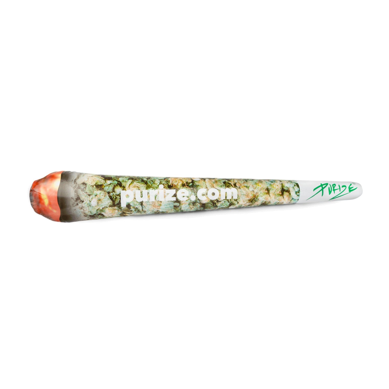 Purize aufblasbarer Jibbit, kegelförmiges aufblasbares Werbemittel mit realistischem Cannabis-Bud-Fotodruck, glühende Spitze, purize.com Aufschrift und grünem Purize-Logo, weißer Hintergrund